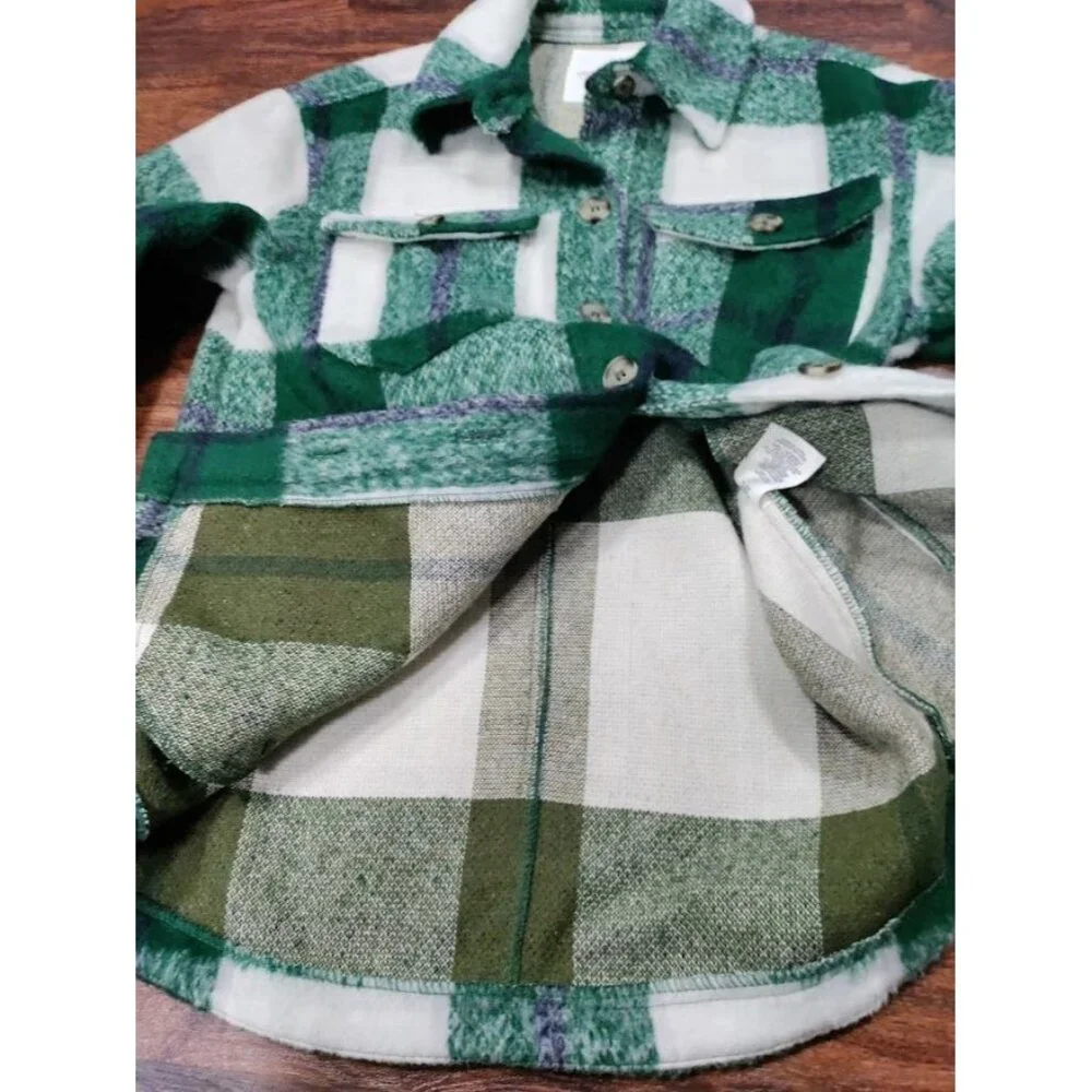 Avec Les Filles Green White Buffalo Plaid Wool Blend Shacket Overshirt - Picture 11 of 13
